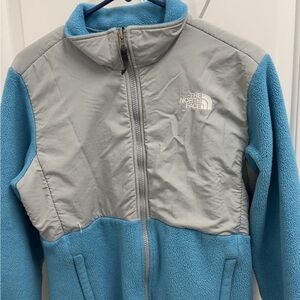 The North Face Puffer Jacket Blue and Gray Color-Block Design